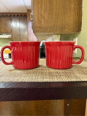 Corningware Red Ribbed Ceramic Mugs - Pair